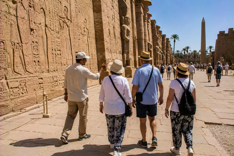 Guided walk past the obelisk and reliefs at Karnak