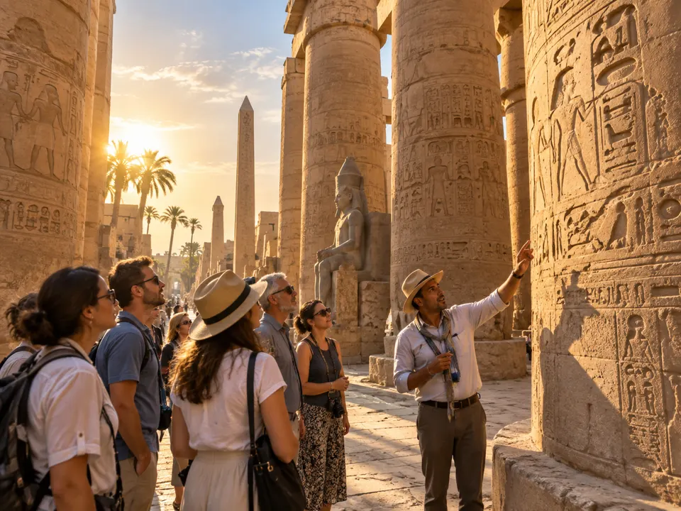 Guided tour among the hieroglyph columns at Karnak