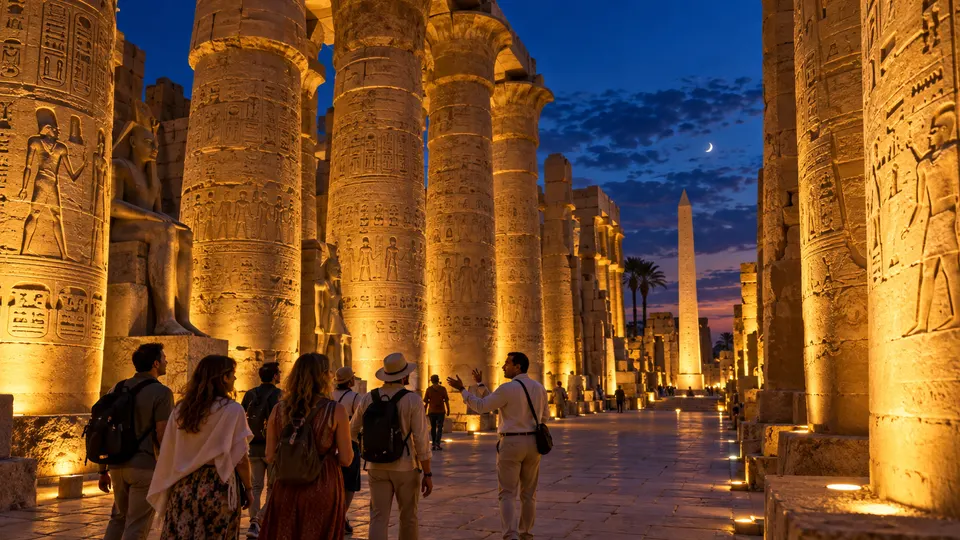 Group in the Great Hypostyle Hall of Karnak at night
