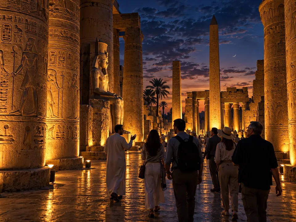 Lit hieroglyph columns at Karnak at night