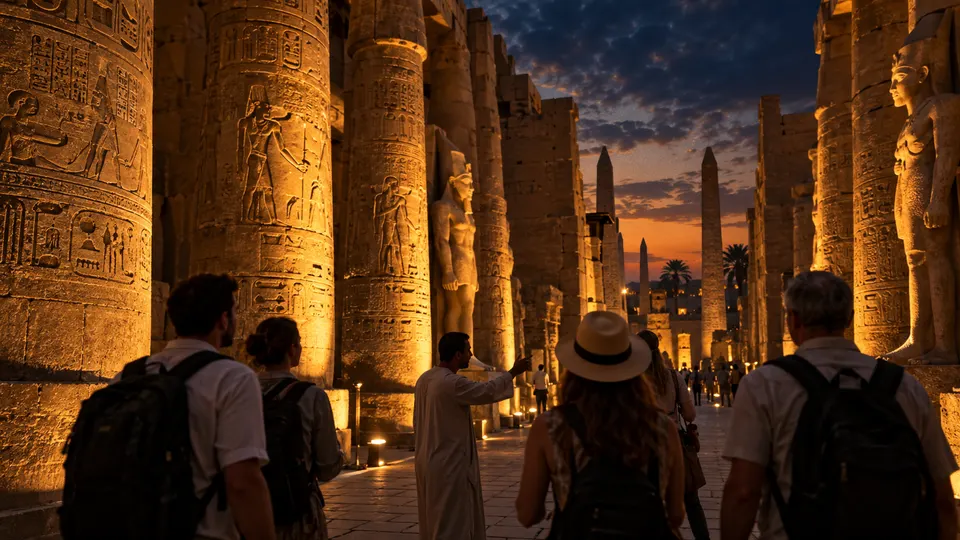 Karnak Temple columns illuminated at night during the show