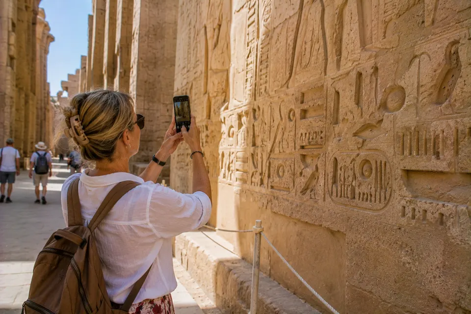 Tourist photographing hieroglyphs on a Karnak wall