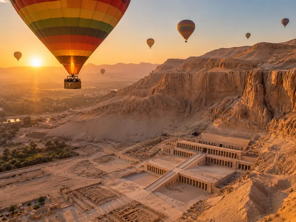 Balloon flying over the Temple of Hatshepsut at sunrise