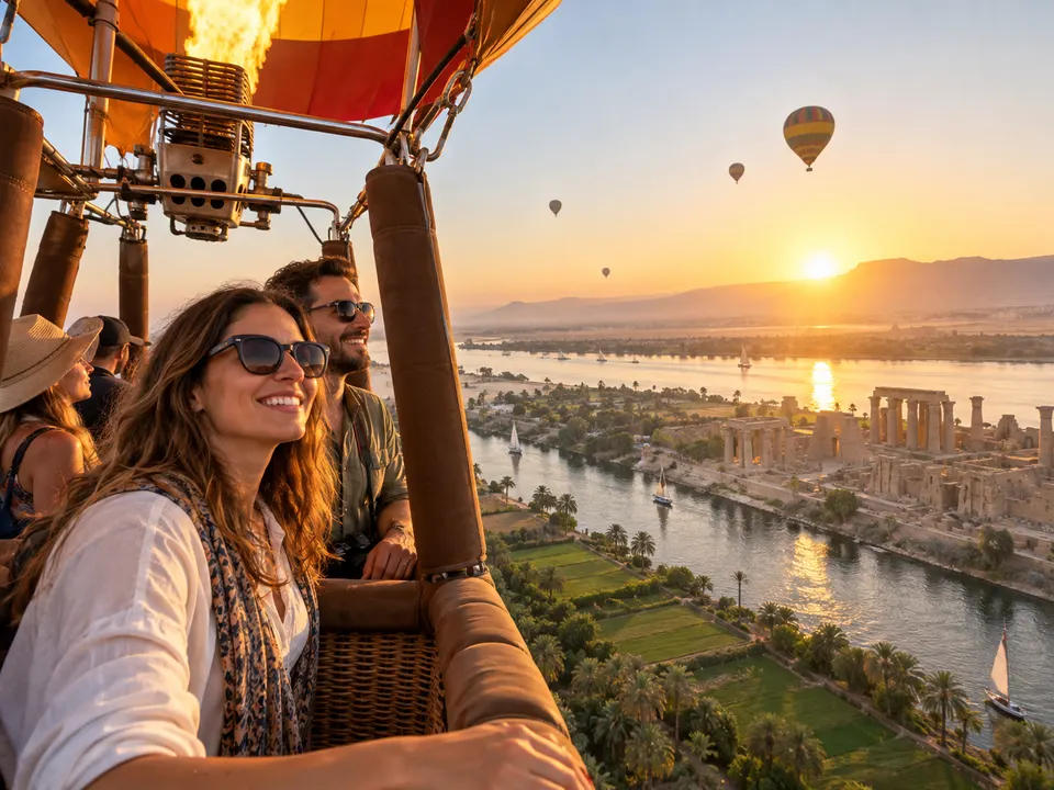 Couple smiling in a balloon basket over Luxor at sunrise