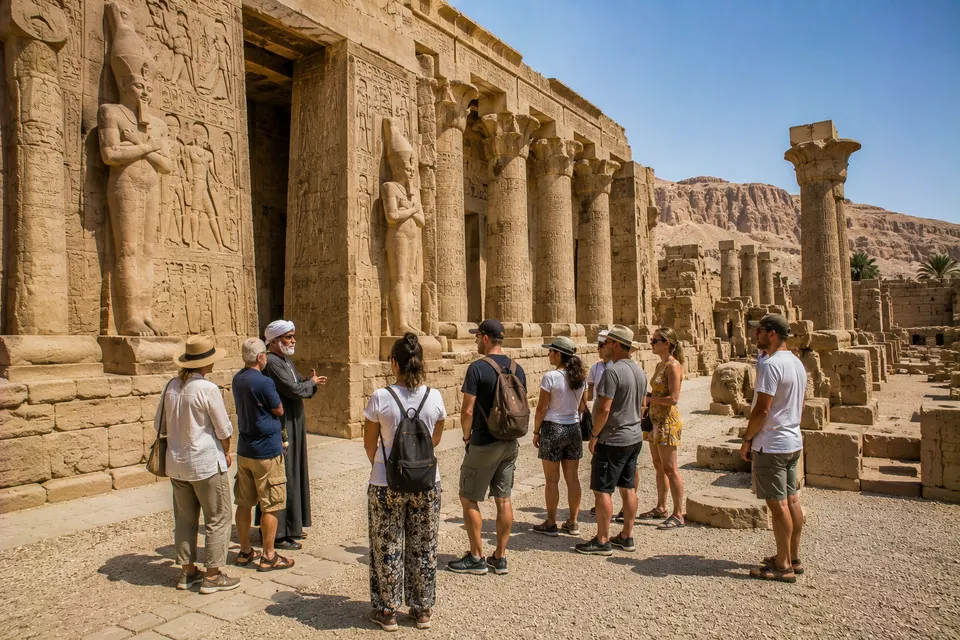 Egyptologist explaining temple reliefs