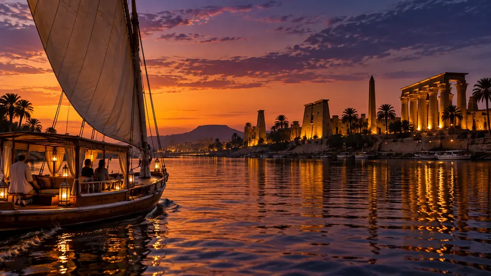 Felucca sailing past Luxor Temple at sunset