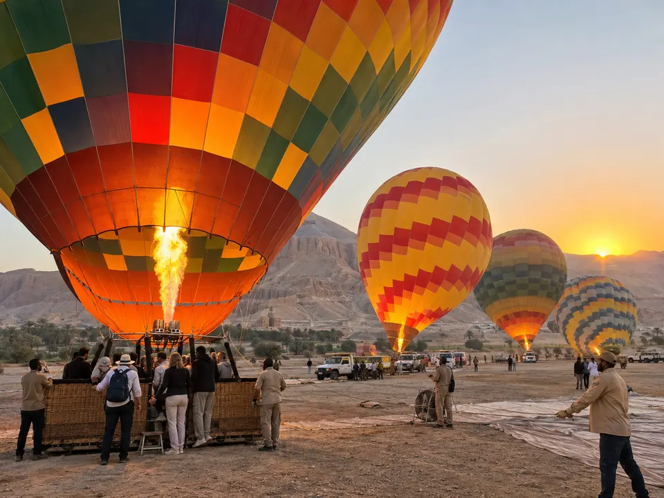 Balloons being inflated at the launch site at dawn
