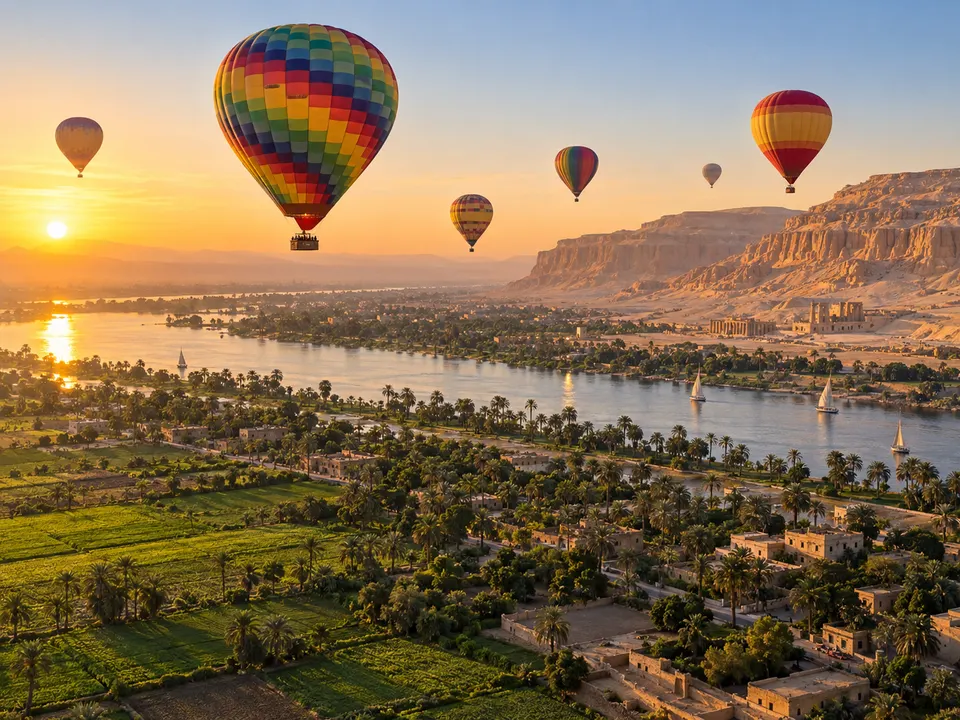 Hot-air balloons over the Nile and the West Bank of Luxor at sunrise