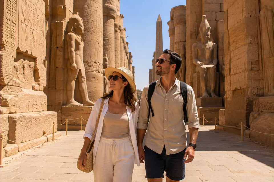 Couple at the colonnade of Luxor Temple with the obelisk and statues