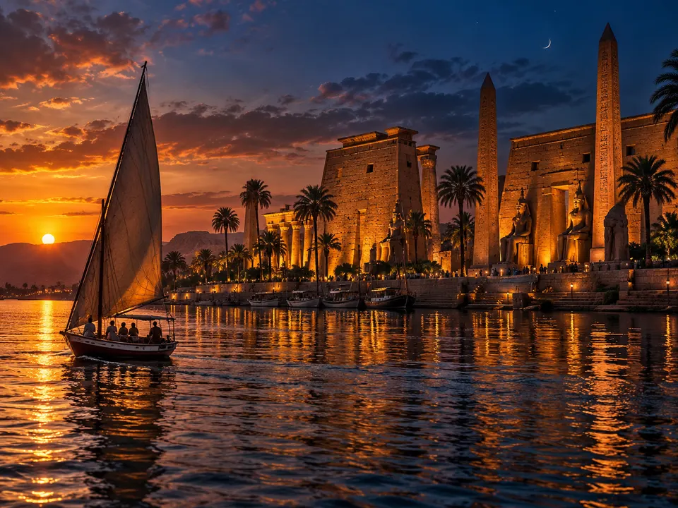 Luxor Temple with a felucca under a crescent moon at sunset