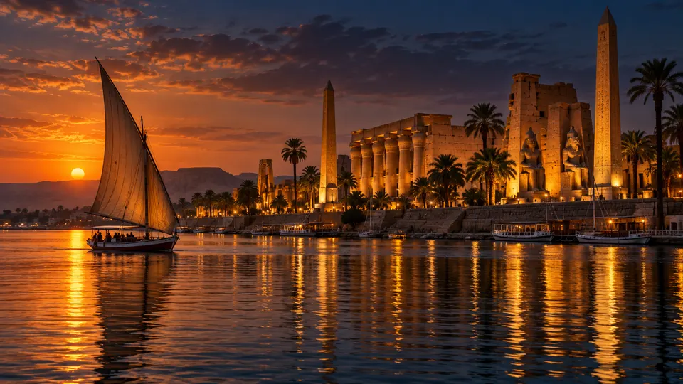 Luxor Temple and a felucca reflected in the Nile at sunset