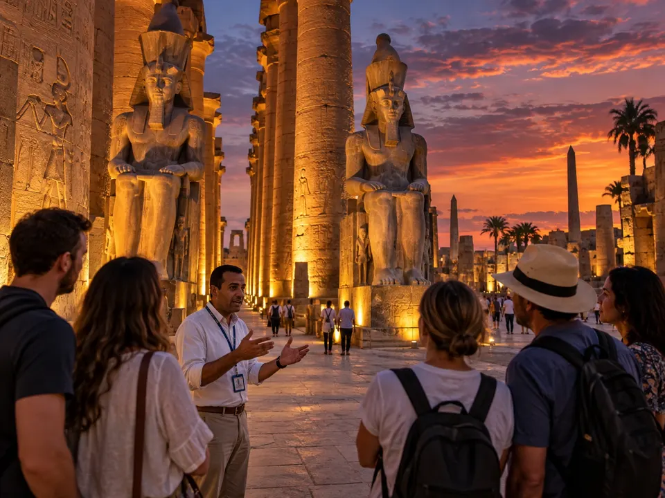 Guided tour at Luxor Temple illuminated at dusk