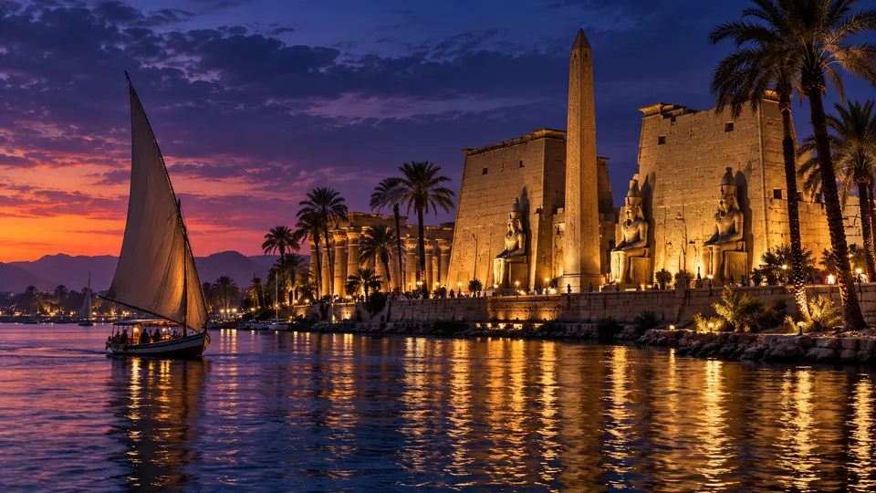 Luxor Temple and its obelisk seen from the Nile at sunset