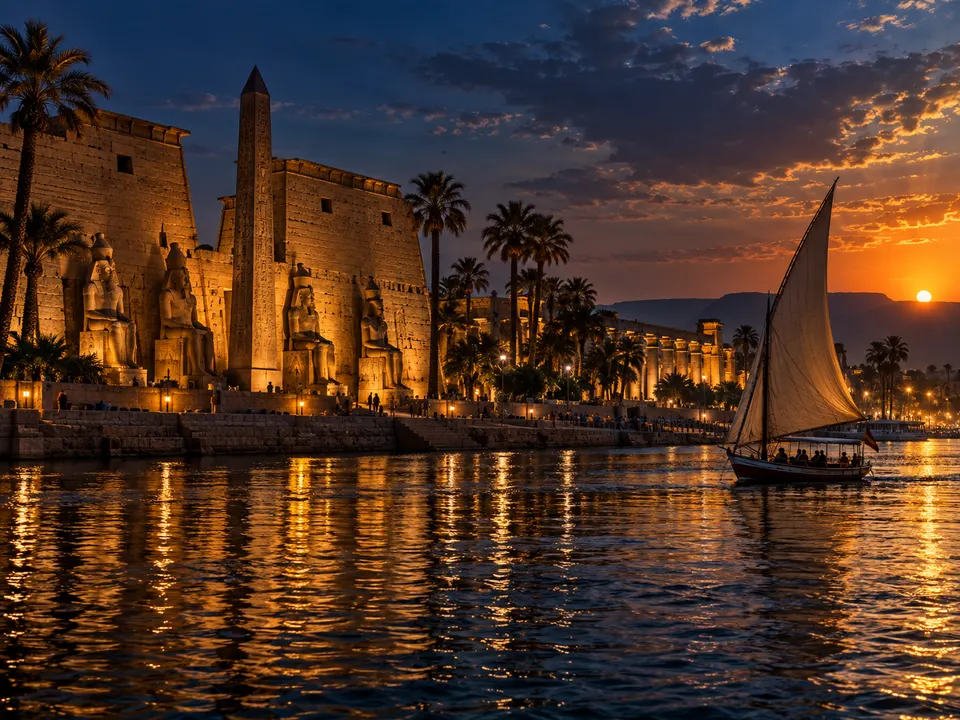 Luxor Temple pylon and obelisk with a felucca on the Nile at sunset