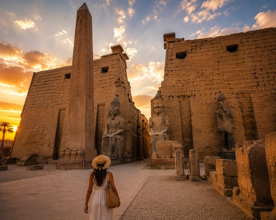 Visitor at Luxor Temple at sunset