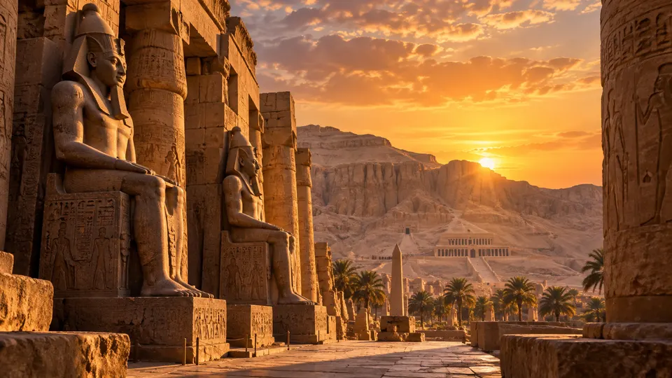 Luxor West Bank with the Colossi and Hatshepsut Temple in evening light