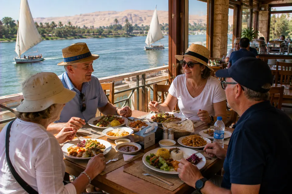 Lunch on a Nile terrace in Luxor with feluccas passing
