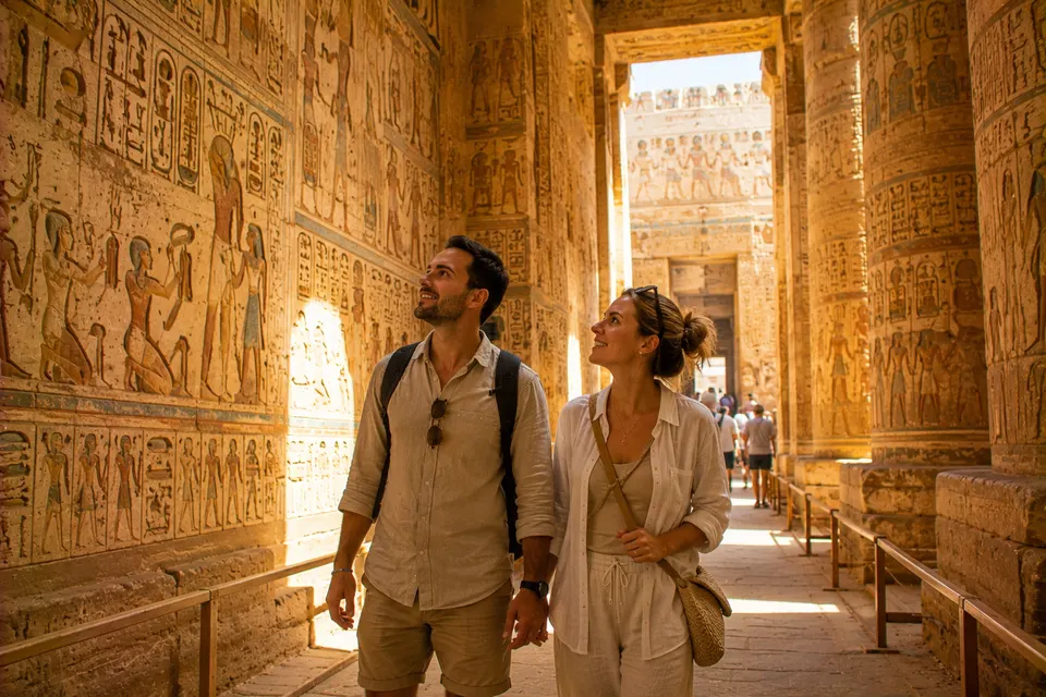 Couple in a painted corridor in Luxor