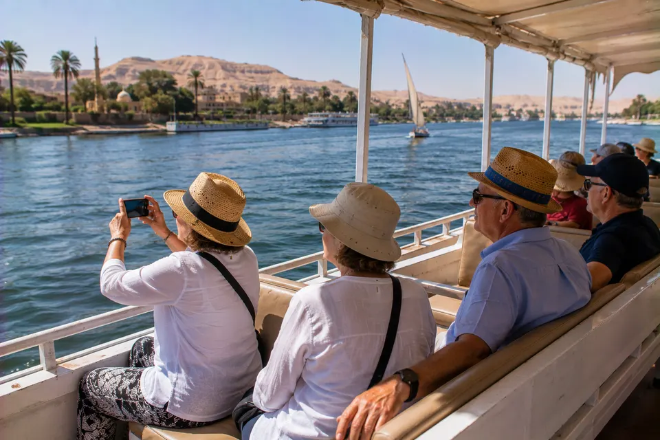 Tourists on a motorboat on the Nile at Luxor