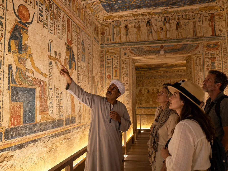 Guide explaining painted reliefs inside a royal tomb