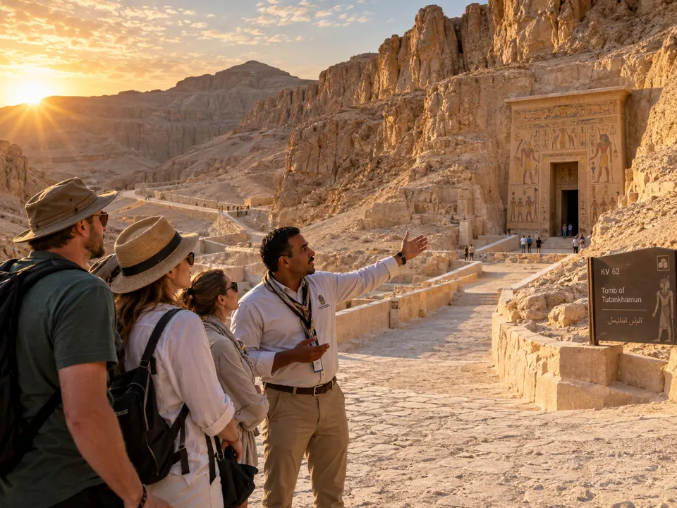 Guided tour at the tomb of Tutankhamun in the late afternoon