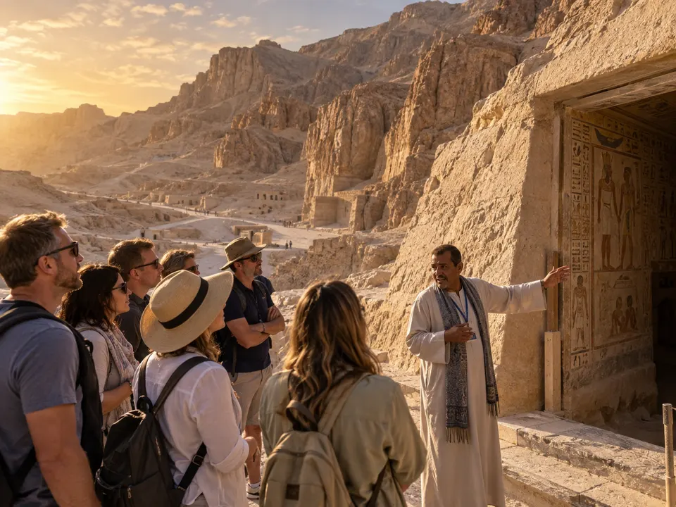 Guide at a painted tomb in the Valley of the Kings