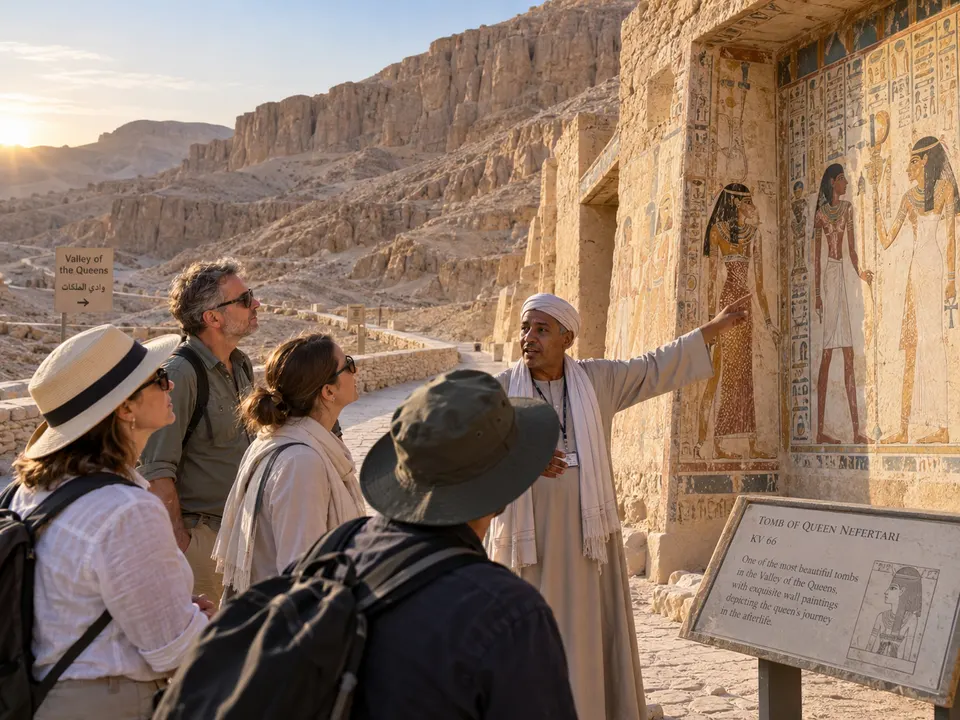 Guided tour at a painted tomb in the Valley of the Queens