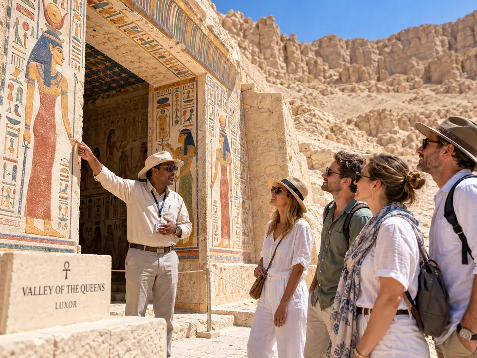 Group at a tomb entrance in the Valley of the Queens